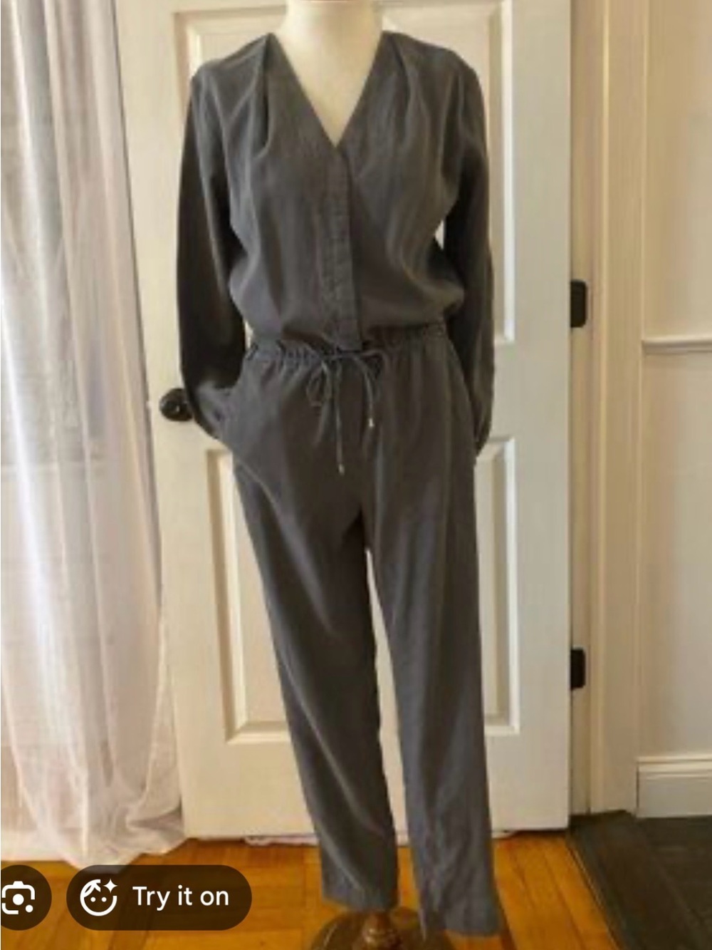 H&M Dark Gray Long-Sleeve Button-Front Jumpsuit